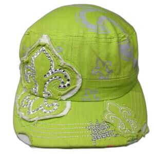 RainBow Army Cap Green One Size Fleur De Lis Rhinestone Distressed Strapback Hat